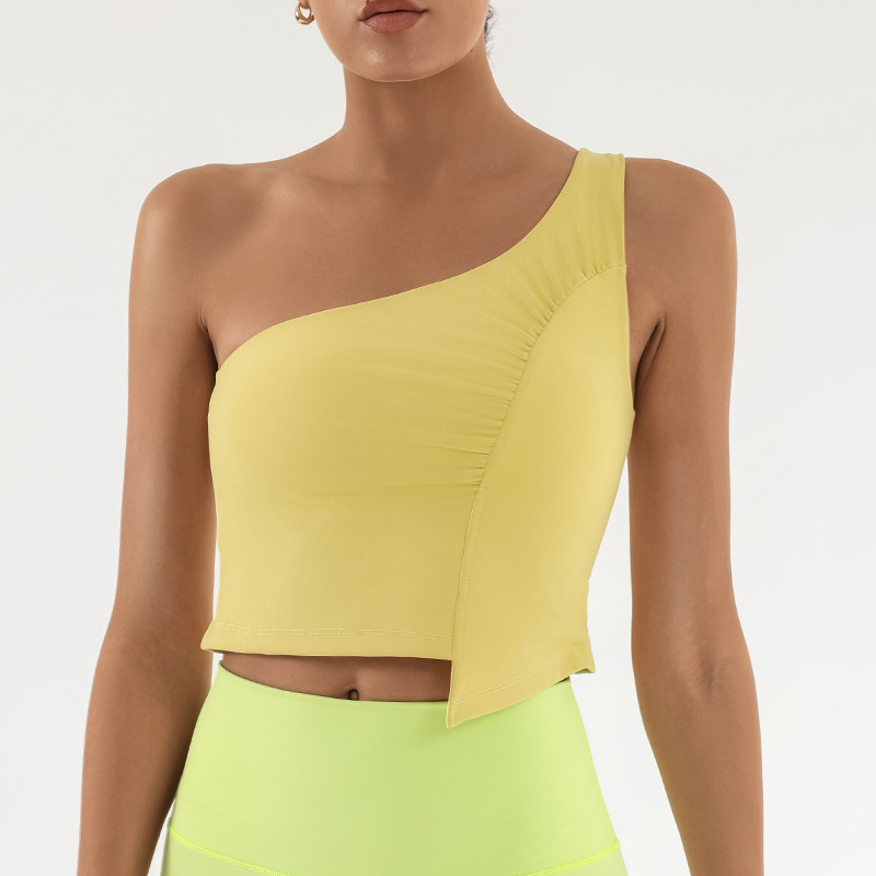 Cross-border deportivo chaleco de acondicionamiento físico mujer irregular hombro plegado con cojín de pecho alta velocidad elástica chaqueta de entrenamiento de yoga seco