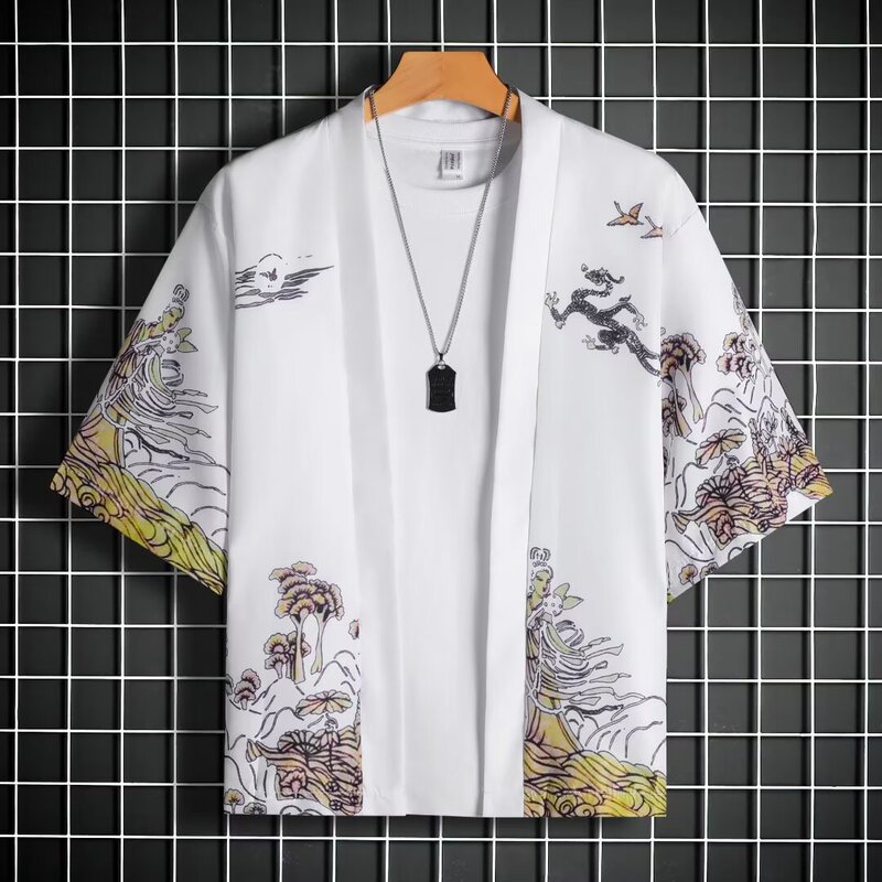 Chinese Style Vintage Couple's Cardigan and Kimono Men's and Women's Loose Ukiyo-e Seven-point Sleeve Crane Daoka Shirt Thin Hanfu