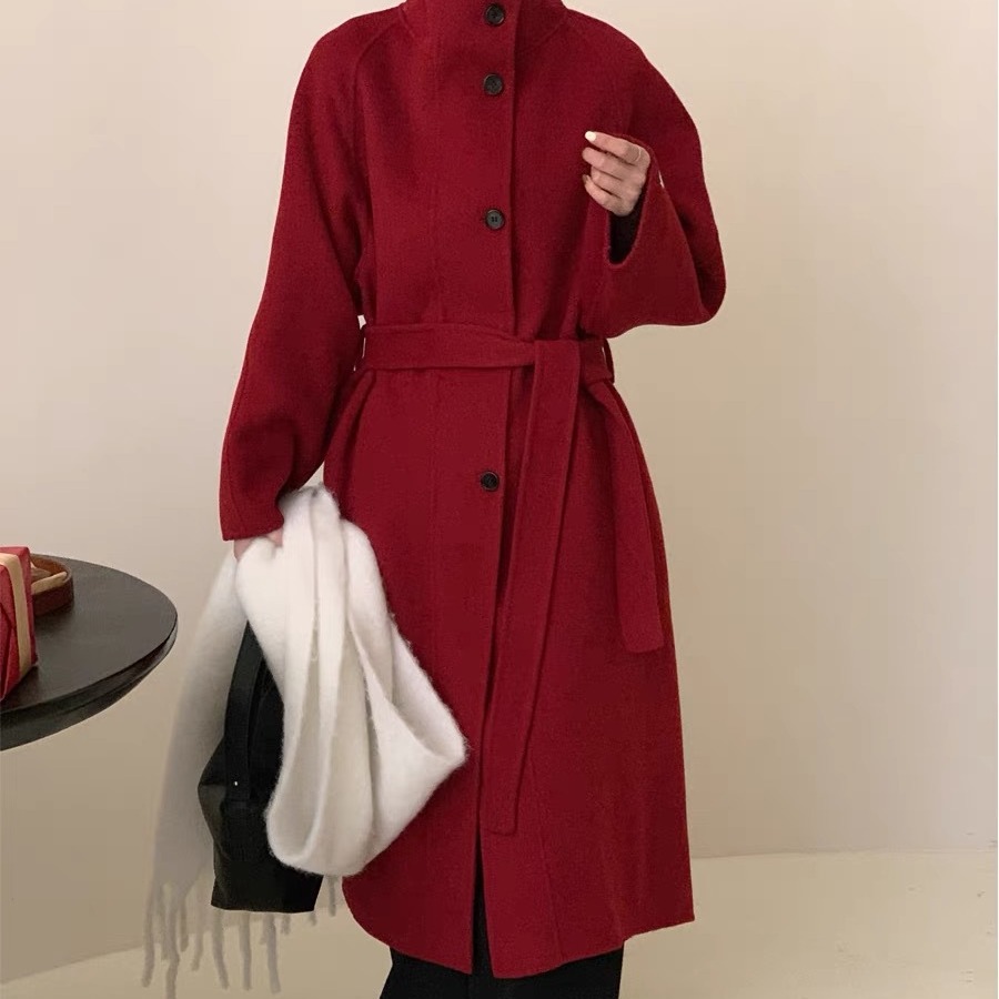韓国風スタンドカラー新年コート レディース 両面カシミヤウール 25秋冬新作 シングルボタン ロング丈ウールコート レディース