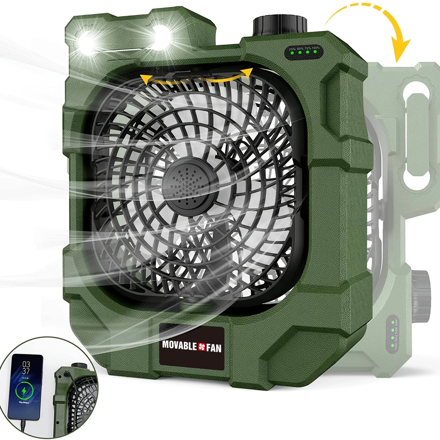Lámpara Ventilador de Escritorio Portátil Recargable con Luz LED y Oscilación para Camping image 4