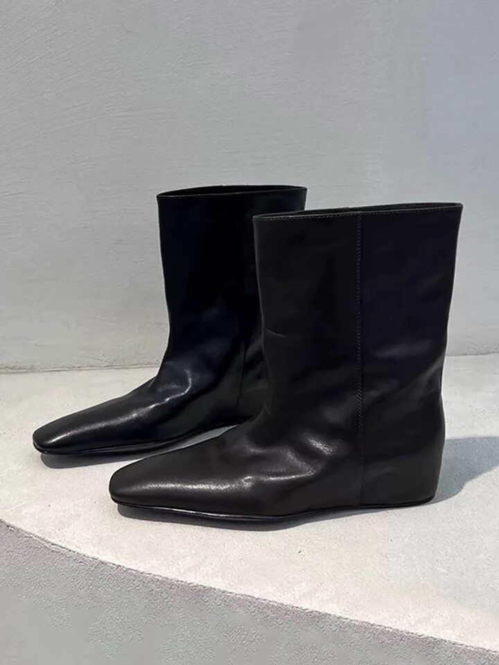 Bốt cổ ngắn nữ da bò mũi vuông độn đế kiểu xỏ chân, bốt Chelsea cổ lửng gót 3–5 cm — màu đen, Đen (lót nhung) chi tiết 4