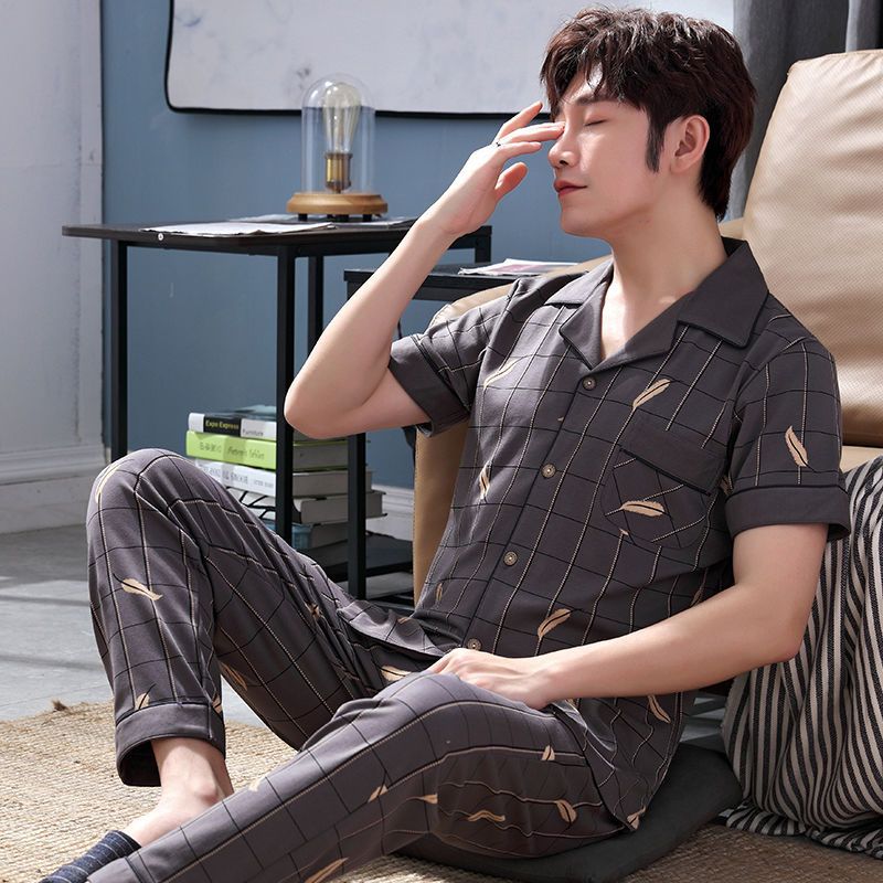 Pijama de algodón 100% de primavera y verano de los hombres pantalones de manga corta cardigan Delgado de los hombres de primavera y otoño de manga corta ropa para el hogar