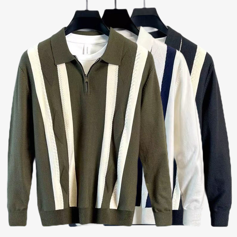 Explosiones transfronterizas de tamaño grande europeo polo camiseta con solapa camiseta de punto suéter hombre medio cremallera rayas otoño y invierno fábrica al por mayor