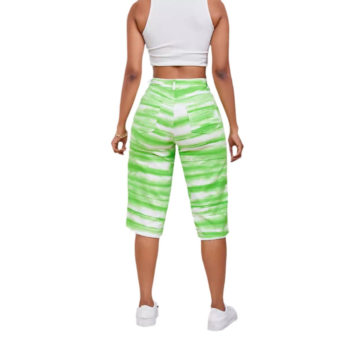 Pantalones capri vaqueros tie-dye de cintura media estilo europeo y americano para mujer, estilo casual adelgazante con borde deshilachado para el verano 2026, en stock para entrega rápida. image 6