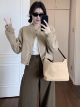 卡其色毛呢棒球服短外套女秋季2025新款小个子短款高级感气质夹克