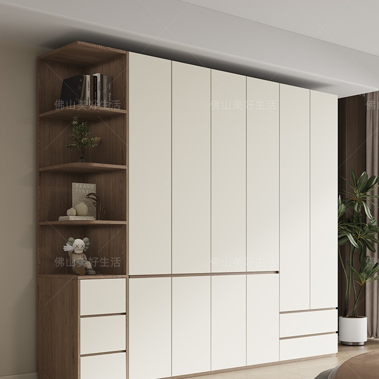 Segmented Wardrobe Cream White Skin-Feel Door 18mm Thick Walnut Cabinet L-Shaped Corner Combination Storage Home Bedroom