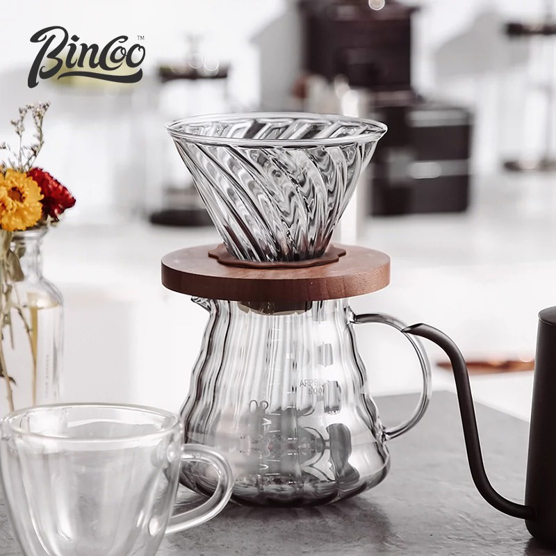Bincoo Hand-Brewed Coffee Pot Set Glass Vertical Pattern Sharing Pot with Lid Cloud Pot Coffee Filter Cup Set