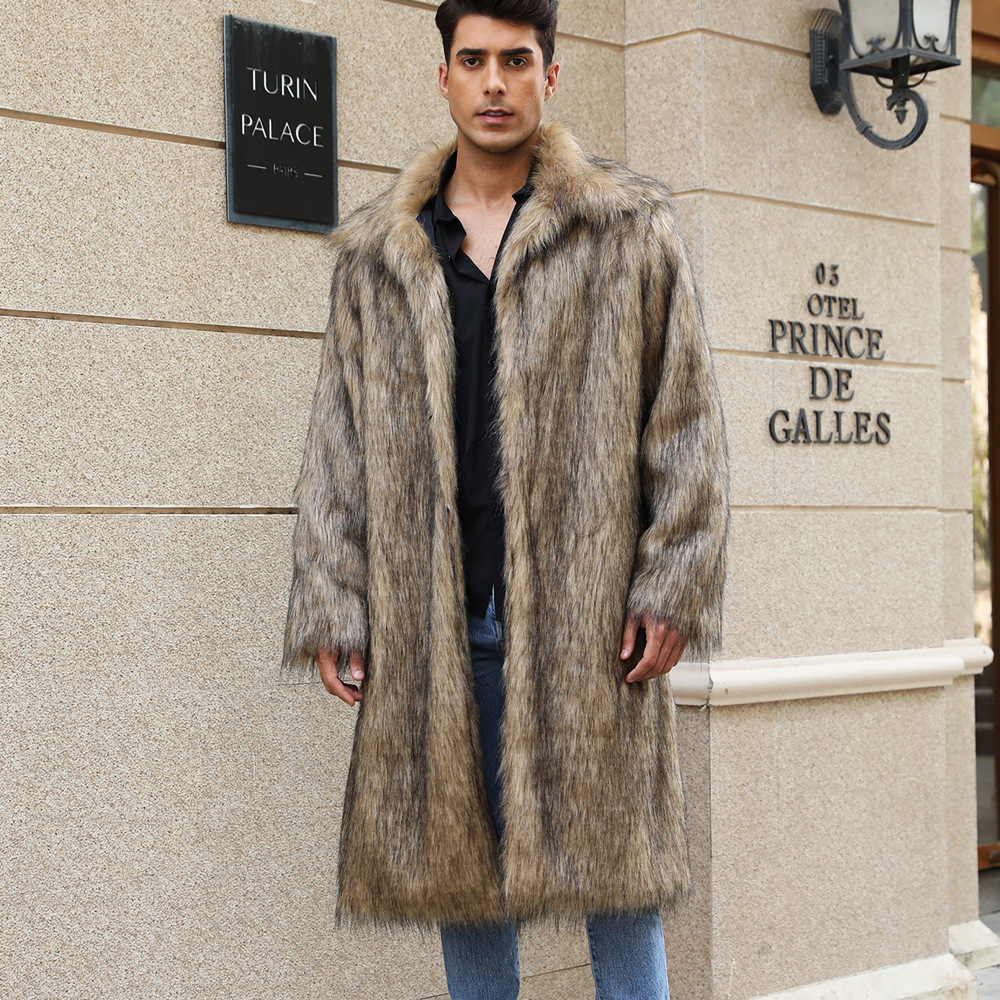 F0671 cross-border European and American autumn and winter new yellow lapel faux fox fur men's long faux fur coat coat