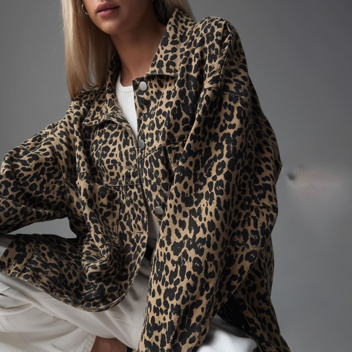 Turndown Neckline Women's Streetwear Leopard Single Breasted Coat Casual Jacket