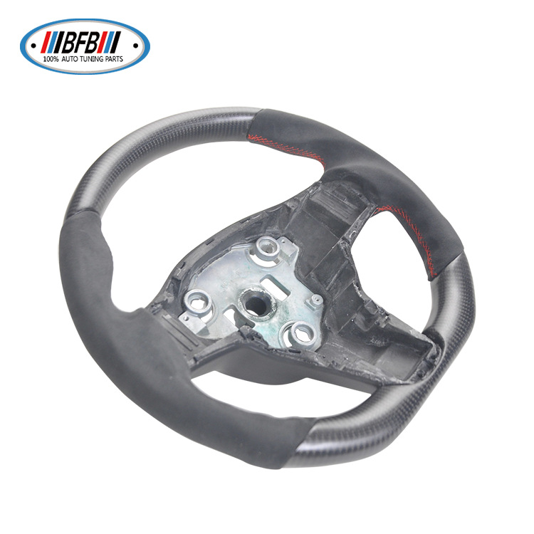 100% Real Carbon Fiber Matte Black Steering Wheel with Black Suede and Red Stitching - For Tesla Model Y - Steering Wheel Modification