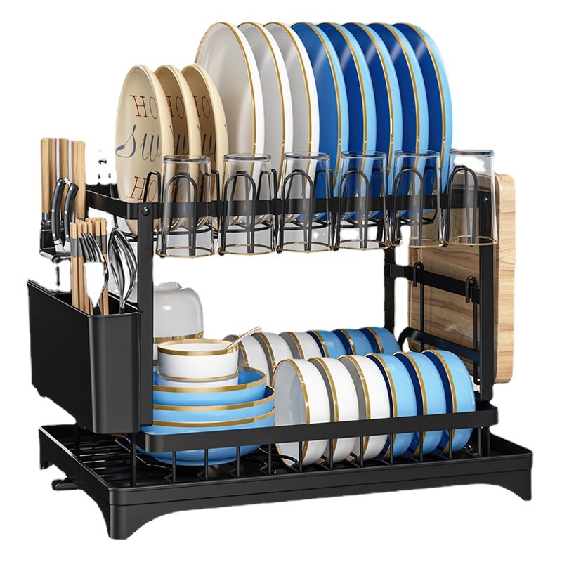 Marco de drenaje de platos de doble capa de Amazon, vajilla de arte de hierro, cuchillo y tenedor, almacenamiento de drenaje, estante de cocina, estante de drenaje de platos