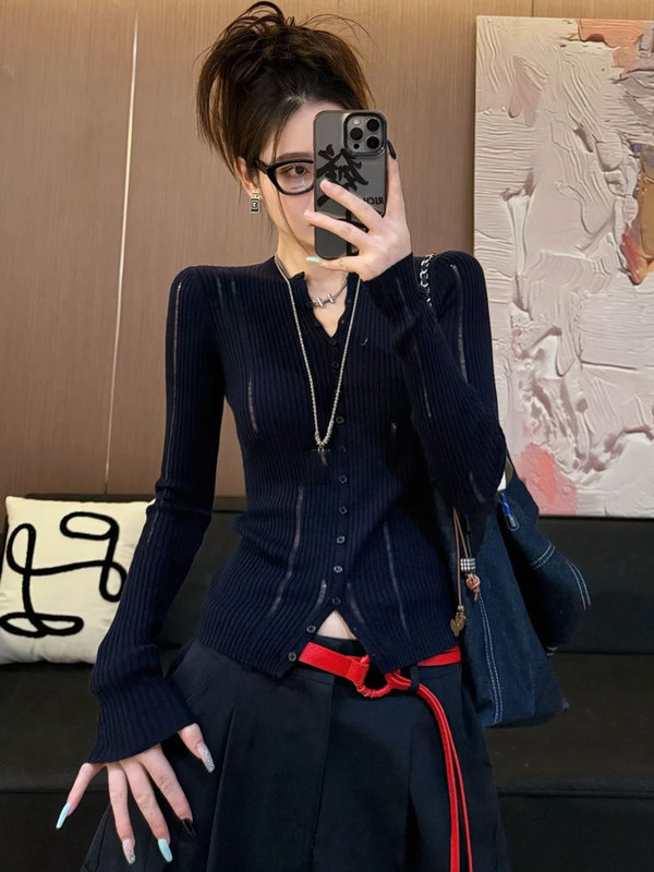 韩系氛围感穿搭灰色v领针织开衫女早秋慵懒宽松系带毛衣外套上衣|undefined