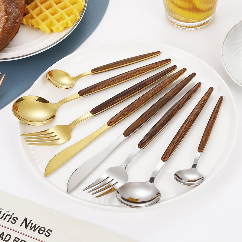 Cruzar la frontera imitación mango de madera de acero inoxidable cuchillo de carne y tenedor vintage portugués occidental vajilla traje postre cuchara tenedor