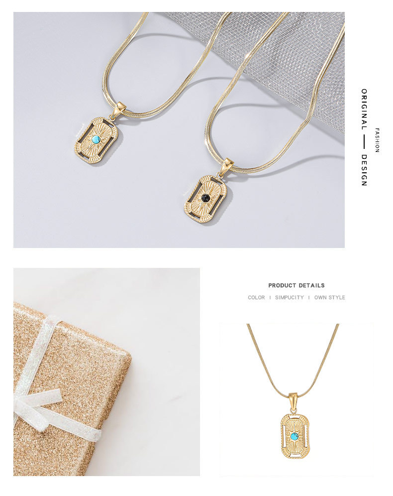 Retro Rectangle Titanium Steel Inlay Turquoise Pendant Necklace_colorza_1