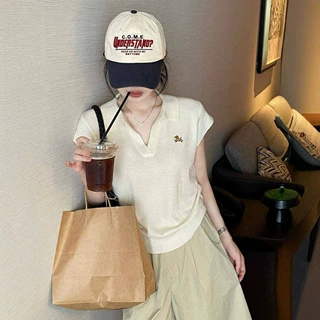 韩系白色Polo领冰丝针织短袖T恤女夏季小飞袖正肩翻领设计感上衣