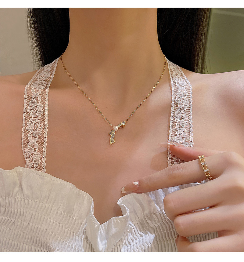 Womenu0027S Sweet Bow Knot Imitation Pearl Titanium Steel Necklace Pearl Bowknot Zircon Necklaces