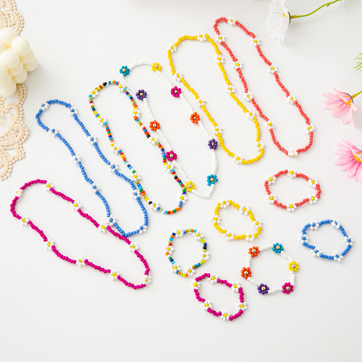 11g Weight Bracelets, Necklace Classification 1 Piece, 1 Set Quantity Holiday, Daily Occasion Resin, Seed Bead Material Flower Pattern Kid'S Gender Beaded Design Cartoon Style, Cute Style Cartoon Style Cute Flower Resin Seed Bead Beaded Kid'S Bracelets Necklace 无