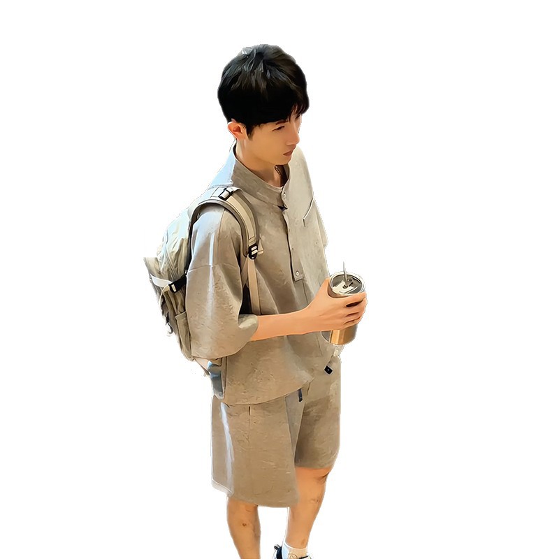 Gray Polo Shirt and Five-Point Shorts Set for Men, Summer Salt Style, Niche Non-Contrasting Old Money Style Two-Piece Set