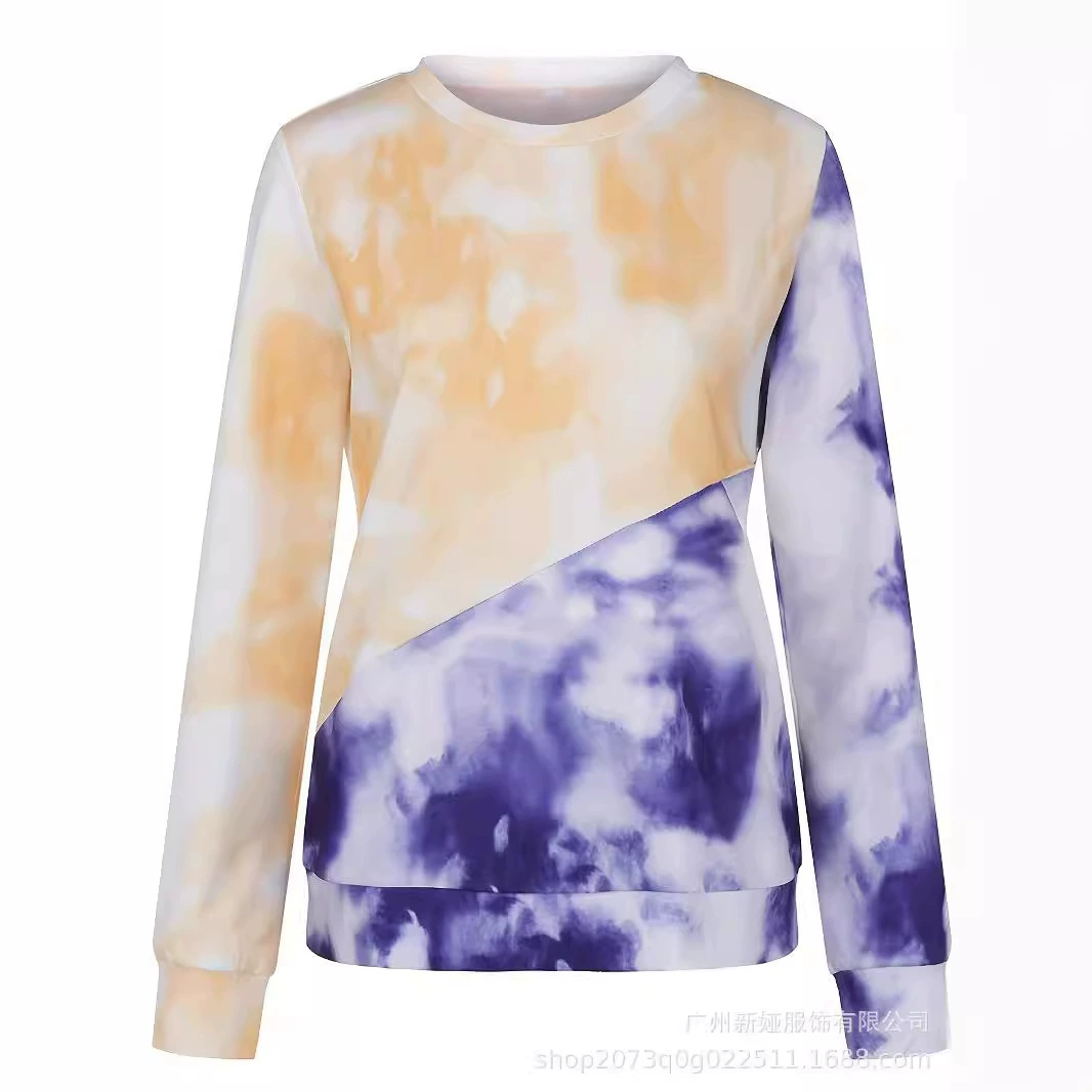 Женская осенняя новая европейская и американская краска на галстуке с длинными рукавами топ с круглым вырезом