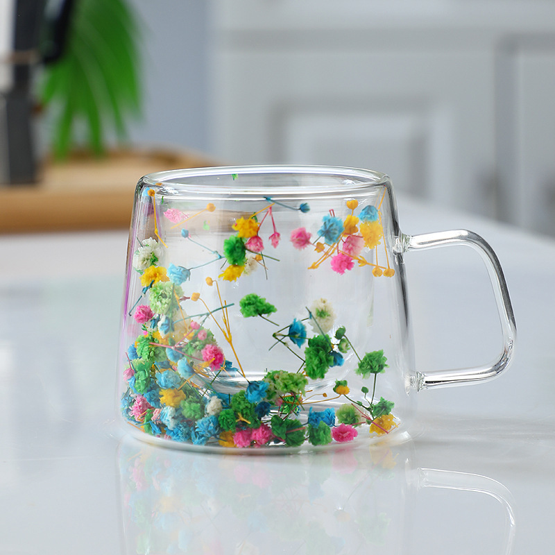 Cross-border Packaging: Trendy Real-flower Glass Cup, High-appearance Coffee Cup Handle, Double-layer Mug With Dried_voghion.com