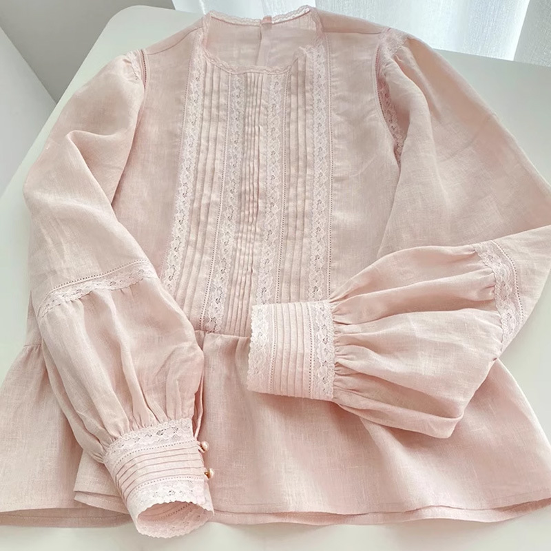 Quiet Style Pink Lace-rimmed Pleated Hemp Shirt Women's High-end Light Luxury Age-reducing Foreign Style Doll Shirt Top Spring