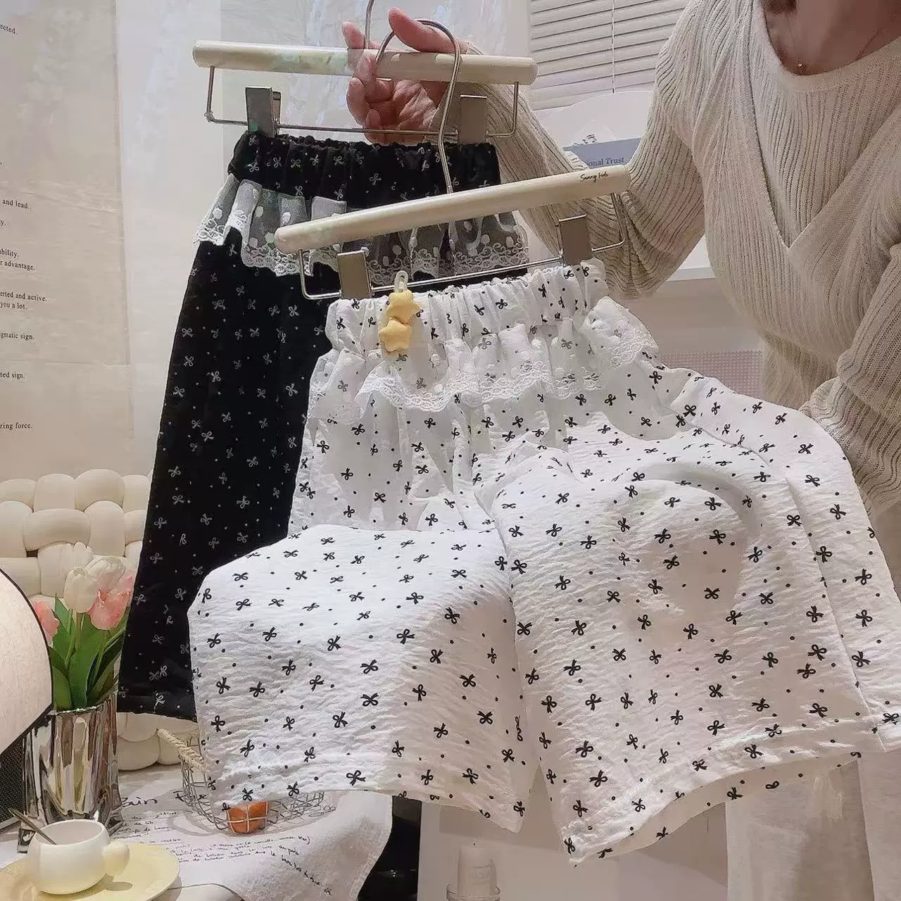 儿童防蚊裤夏季亲子阔腿裤中大童山本裤女童阔腿裤蕾丝花边休闲裤