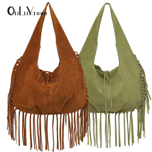 2025 Tassel Large Capacity Trendy Shoulder Bag Casual Simple Retro Dumpling Bag Double-sided Fleece Guangzhou Women's Bag Big Bag