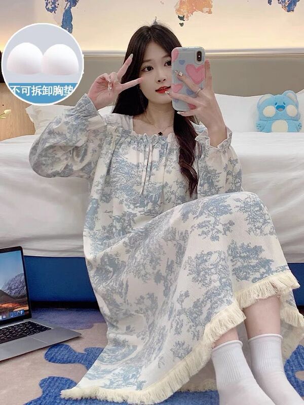 Nightgown for Women in Spring and Autumn Internet Celebrity Sweet Long-Sleeved Pajamas with Breast Pads for Women Cute Knee-Length Long Skirt Home Clothes