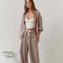 2023新款秋季亚马逊速卖通女装休闲家居服格纹衬衫套装睡衣长袖