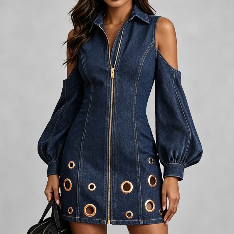 Cross-border bestseller: European and American women's fashion shirt-collar off-shoulder lantern sleeve denim mini dress with gold metal ring Cross-border bestseller: European and American women's fashion shirt-collar off-shoulder lantern sleeve denim mini dress with gold metal ring