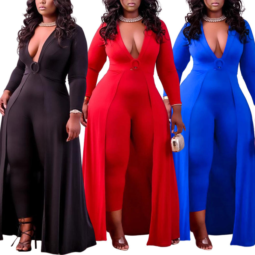 V-Neck Solid Color Slim Plus Size Jumpsuit NSCYF80208