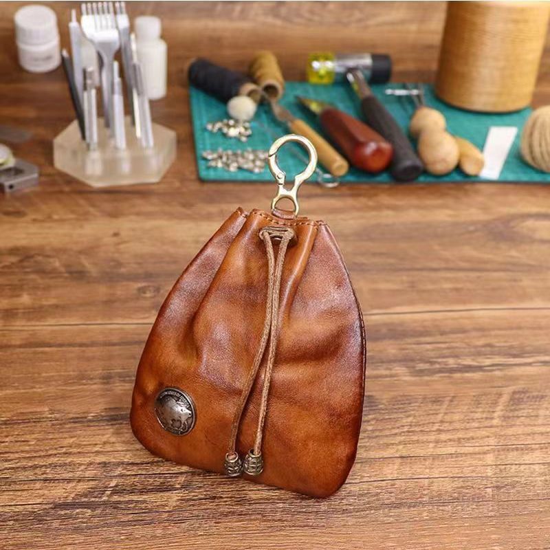 Japanese-Style Soft Leather Coin Purse, Retro Simple Women's Key Bag, Multifunctional Vegetable-Tanned Leather Texture Waist Bag, Men's Small Hanging Bag