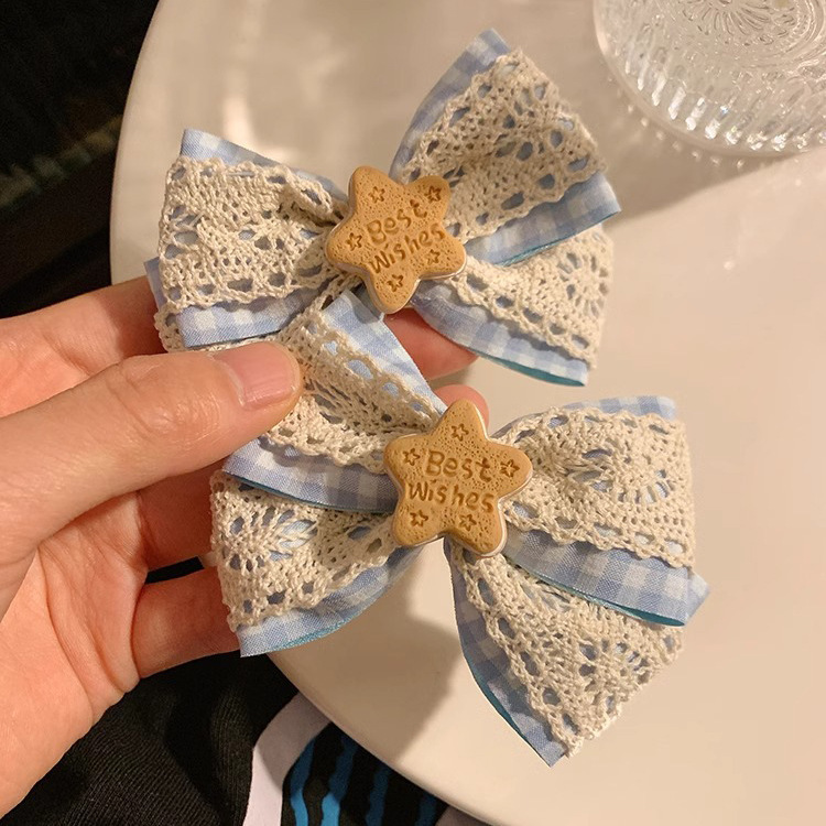 Korean Fabric Butterfly Knot Lace Hair Clip Headwear Sweet and Cute Five-Star Hair Pin Holder for Girls Ponytail Hair Accessory