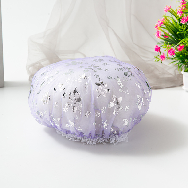 Double Layer Waterproof Shower Cap With Lace Trim And Floral Print_voghion.com