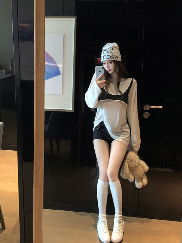 假两件上衣女秋装设计感小背心拼接撞色圆领宽松休闲正肩长袖T恤|undefined