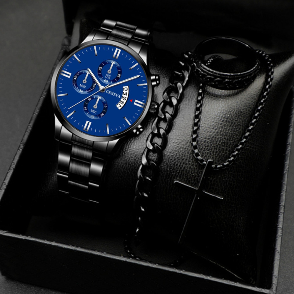 Cross-Border Best-Selling Fake Three-Eye Men's Steel Band Watch Business Casual Calendar Quartz Watch Men's Ready Stock