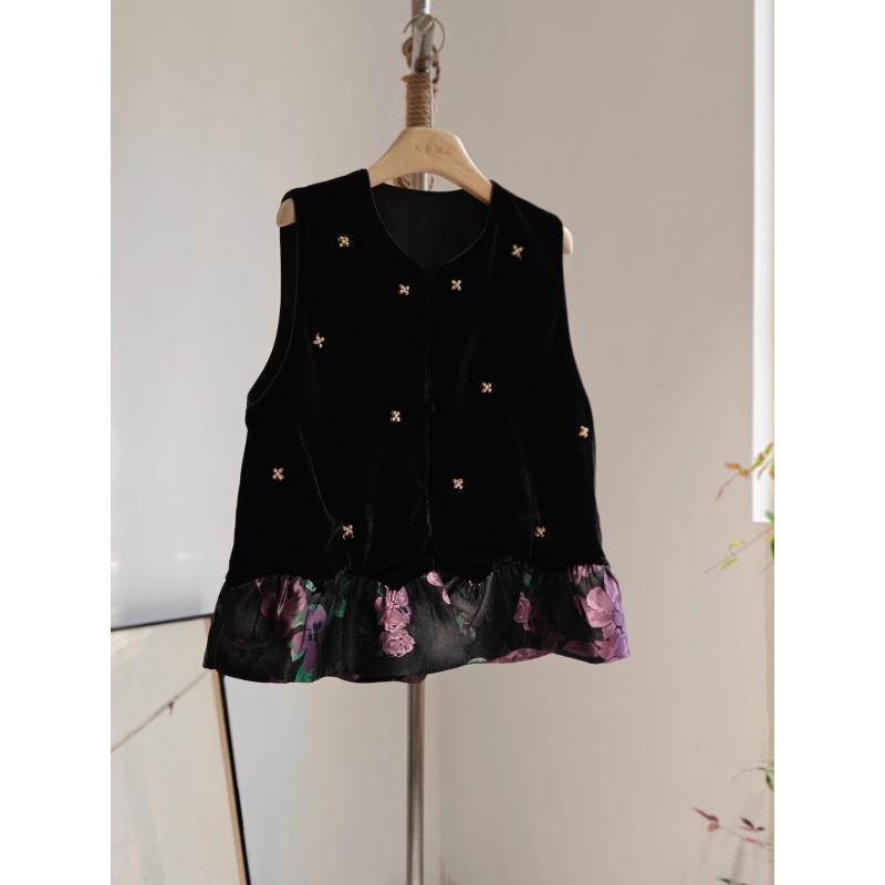 Black Velvet Vest New Chinese Style National Style Vest Autum High-End Sleeveless Jacket Women's Jacquard Vest