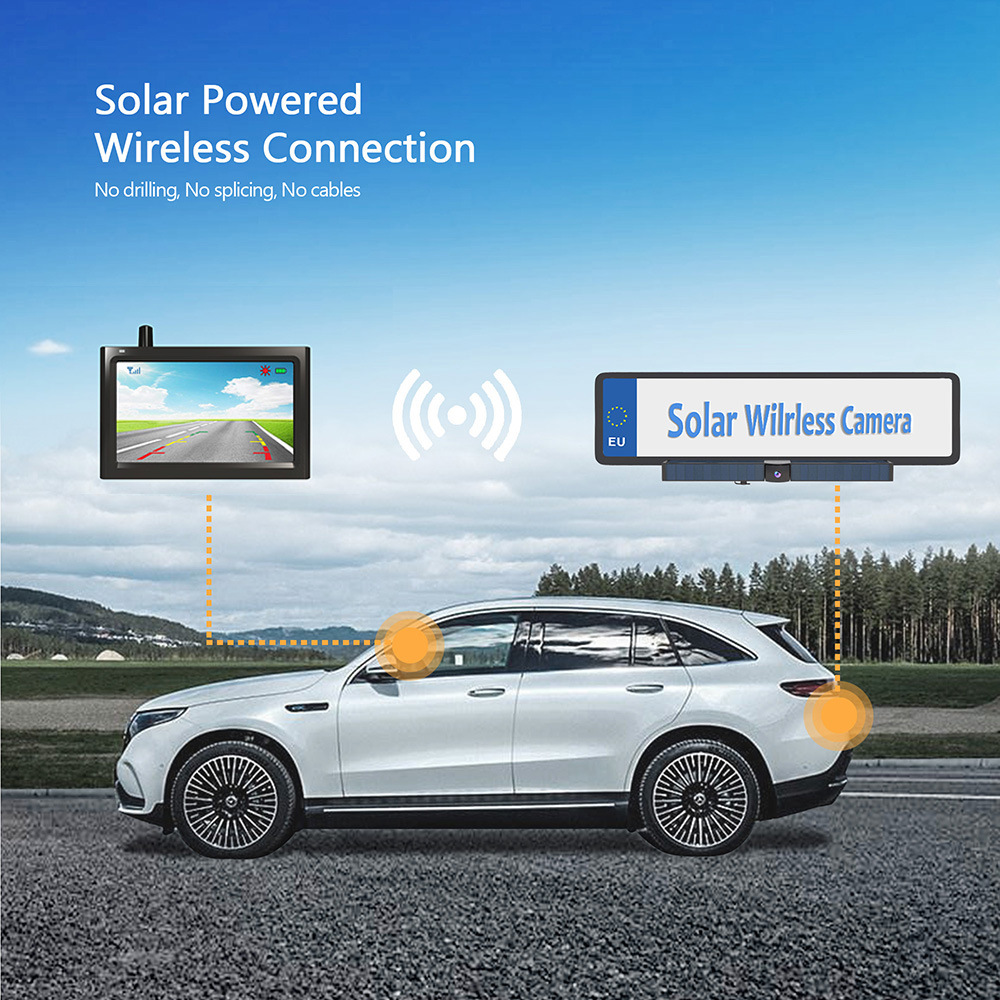 Cross-Border Wireless Solar-Powered Reversing Camera with Car Display Screen, European License Plate Frame, Car Rear View Monitoring