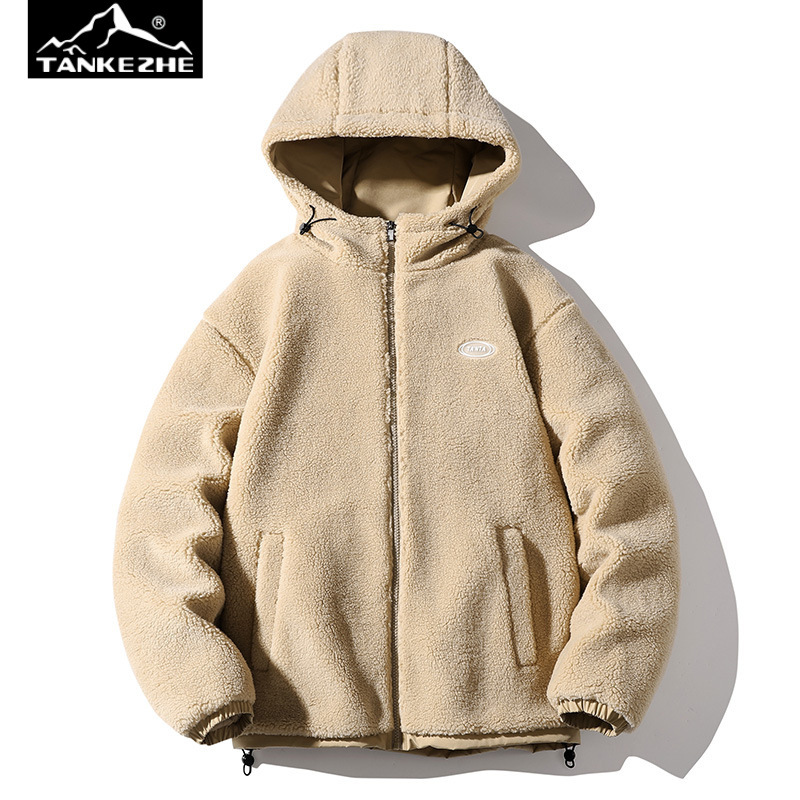 Invierno de los nuevos hombres de estilo coreano con capucha color sólido logotipo del coche de lana de cordero abrigo de algodón acolchado pareja de moda celebridad en línea mismo estilo abrigo a juego