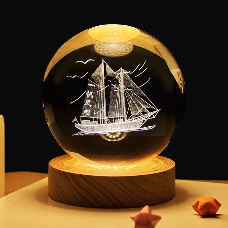 temu amazon una lámpara de noche de cristal de bola galáctica 3D láser interior grabado adornos de madera lámpara de noche galáctica