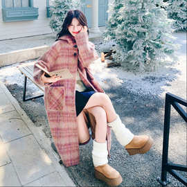 粉色格纹毛呢大衣女秋冬韩系连帽减龄小个子加厚中长款呢子外套