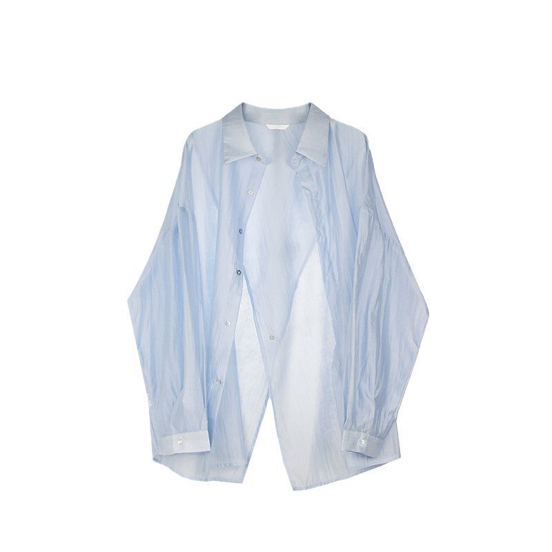 Blue Slit Tencel Shirt for Women, Summer Thin Style, New 2026 Design, Niche Sun Protection Clothing with a High-End Feel Blue Slit Tencel Shirt for Women, Summer Thin Style, New 2026 Design, Niche Sun Protection Clothing with a High-End Feel