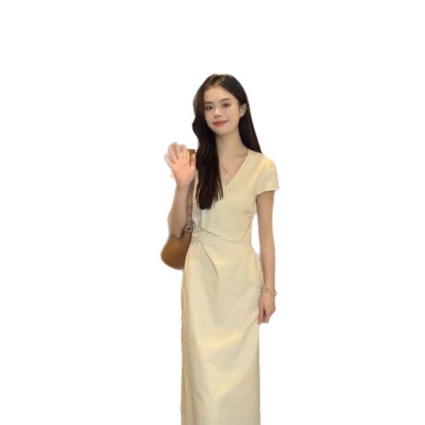 韩系简约设计感交叉绑带连衣裙女夏季新款收腰显长款茶歇裙子|undefined