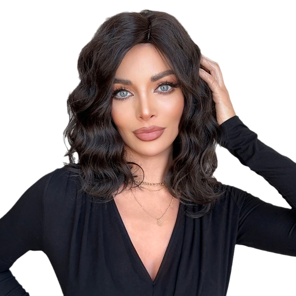 Unisex medium length curly hair short hair bob middle parted hairstyle age reducing chemical fiber high temperature silk wig set_voghion.com