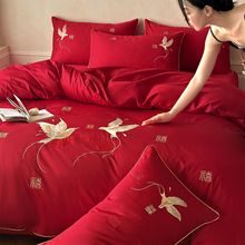 简约新中式婚庆四件套非全棉喜鹊鸟纯棉刺绣红色结婚被套床单床笠