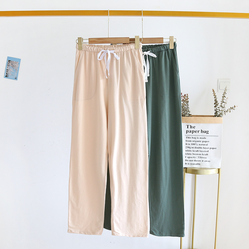 Solid Color Women's Cotton Knitted Pajama Pants Spring and Autumn New Cotton Loose Casual Breathable Home Pants for Outer Wear