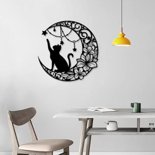Cross-border new iron black cat and Moon Wall metal silhouette wall hanging living room sofa cat wall decoration