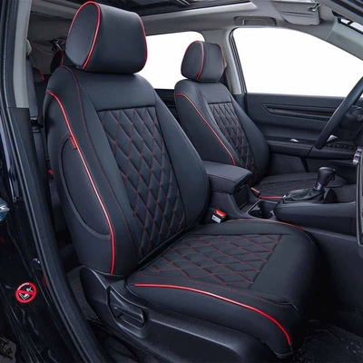 Cushions, Genuine Leather Wear-Resistant Seat Covers, Modelə uyğun (Original) oturacaq örtükləri - black-and-red-line-diamond-in-the-middle-five-seats-nappa-leather-full-surround-of-front-and-rear-rows