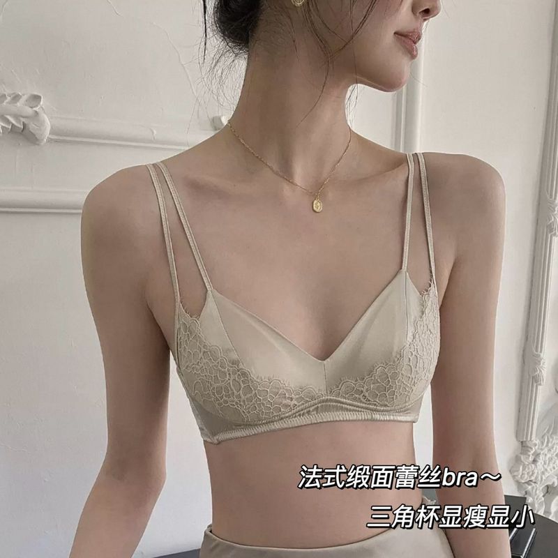 “月光情书”法式三角杯缎面拼蕾丝聚内衣女大胸显小胸双肩带文胸|undefined