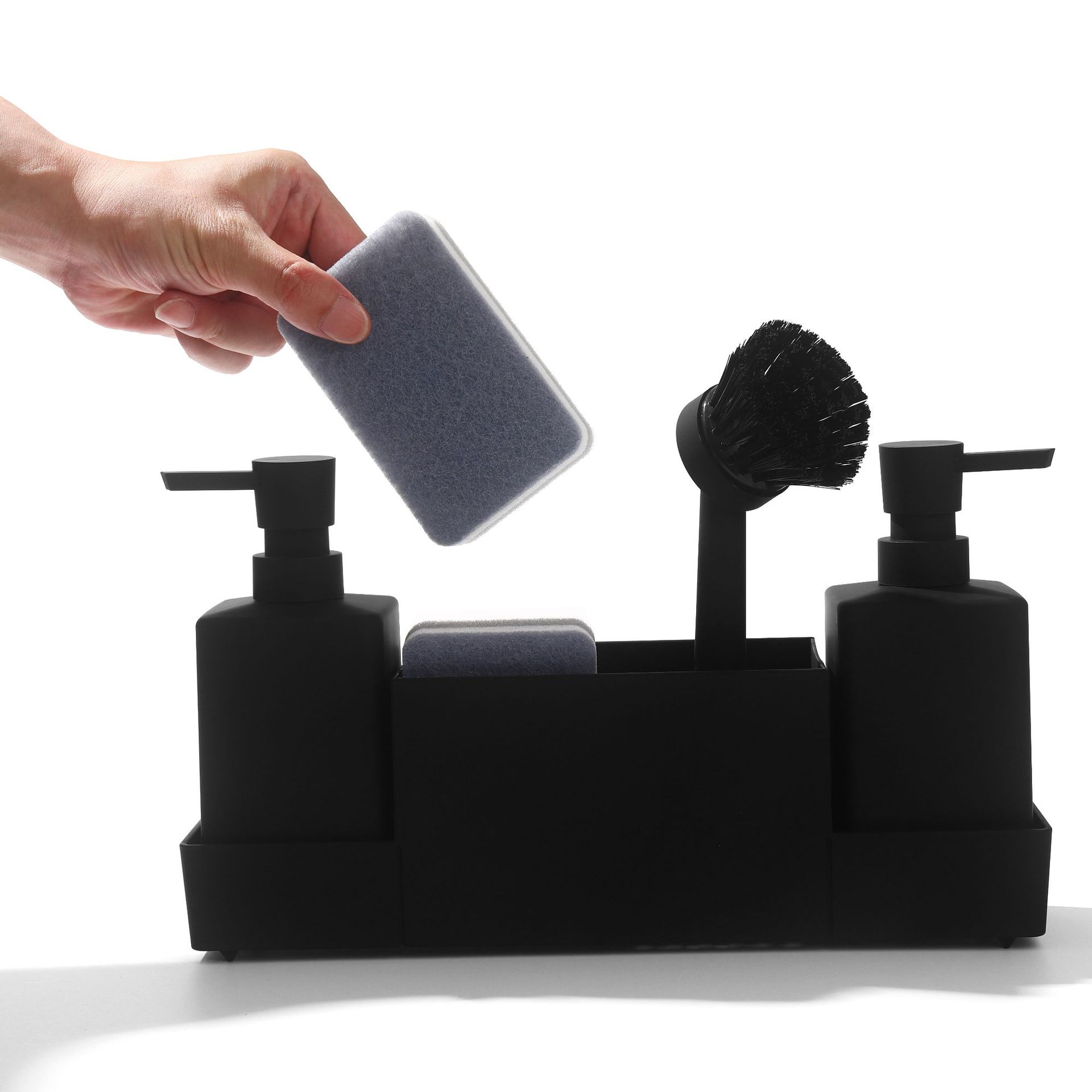 Dispensador de jabón de cocina con estante de esponja y cepillo para lavar a mano plato líquido sub-botella con bandeja de almacenamiento